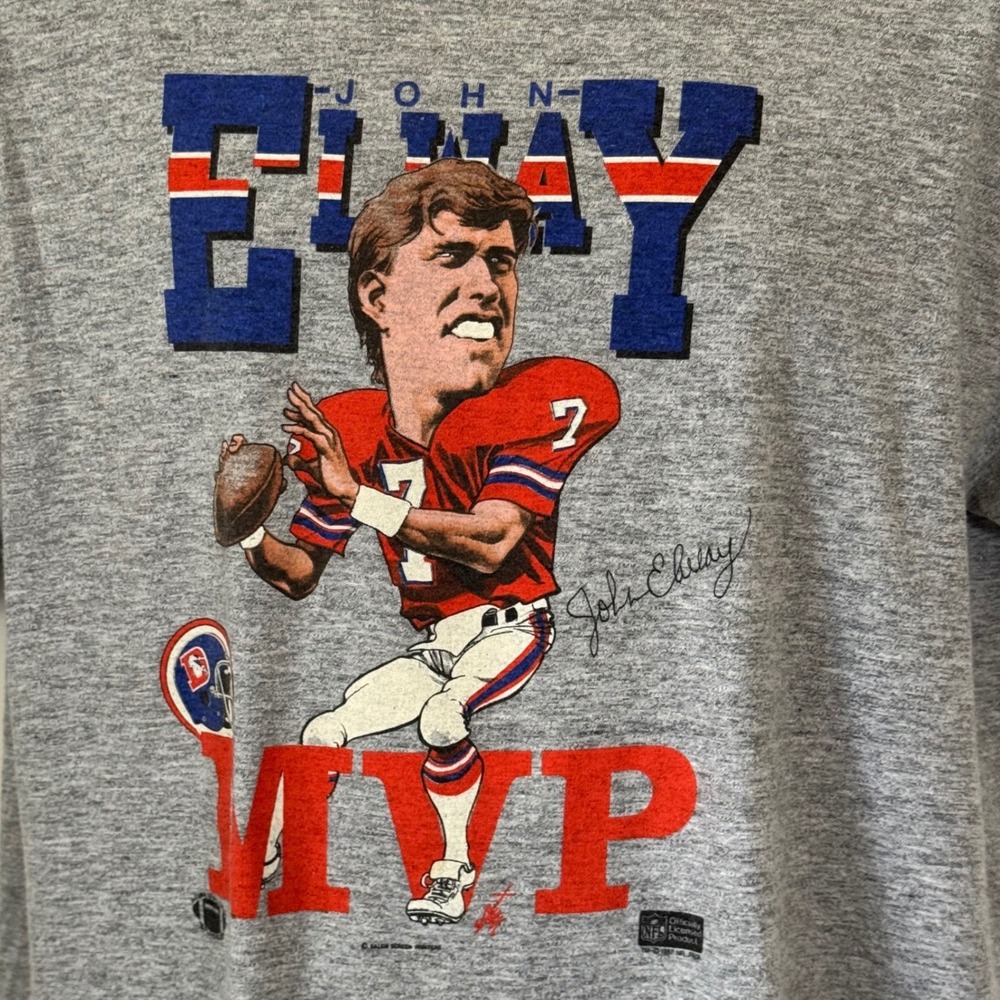 Vintage 1987 John Elway Denver Broncos Caricature T-Shirt Gray Sportswear XL